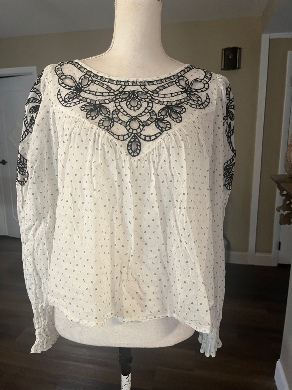 Free People White Blouse with Black Embroidered Yoke
